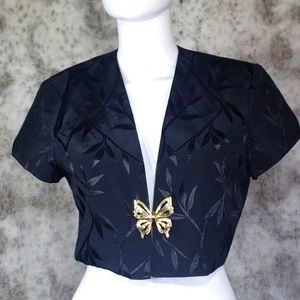 J.R. Nites By Caliendo Black Floral Jacket& Gold Tone Butterfly Brooch Sz10